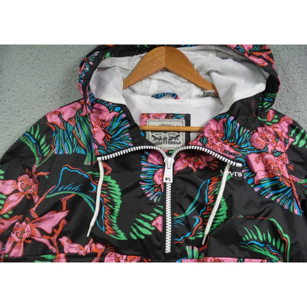 Levis Jacket Womens Size Medium Black Floral Pullover 1/4 Zip Hooded Windbreaker - Picture 5 of 15